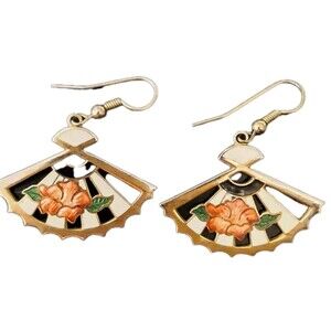 Vintage Cloisonne Enamel Fan Flower  Earrings Colorful Dangle Drop Pierced